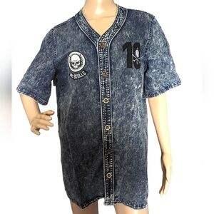Retro Distrikt Denim Baseball Style Embroidered Mr Skulls Button Up Shirt Size M
